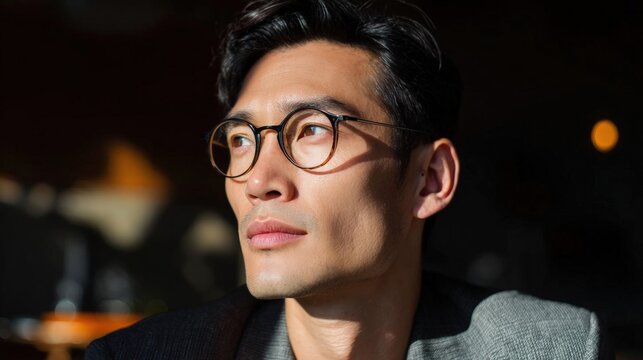 Close-up portrait of a young asian man wearing round glasses. he is looking off to the side with a serious expression on his face.