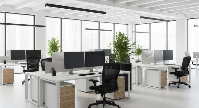 Contemporary open-plan office featuring multiple desks, ergonomic chairs, dual monitors, natural light, and green plants for a productive workspace. - Powered by Adobe