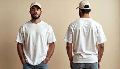 Man wearing oversized plain white t-shirt front, back view, isolated on cream background. Versatile garment for casual wear, fashion mockup, branding, design template. Short-sleeved cotton tee