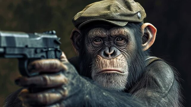 Chimpanzee with Firearm: A thought-provoking photorealistic portrait of a chimpanzee, attired in a vintage cap, holding a handgun, sparking dialogue on complex themes and challenging perceptions.