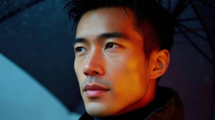 Close-up portrait of a young asian man's face. he is looking off to the side with a serious expression on his face.