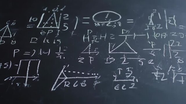 Closeup of Chalkboard Filled with Mathematical Equations and Geometric Diagrams