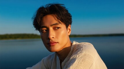 Portrait of a young man with dark hair and a serious expression on his face. he is wearing a white shirt and is standing in front of a body of water with trees in the background.