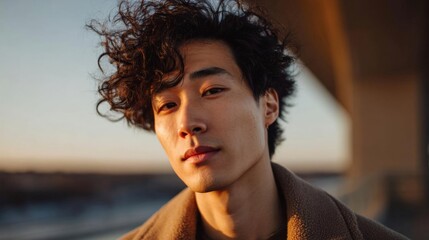 Close-up portrait of a young man with curly hair. he is looking directly at the camera with a serious expression on his face.