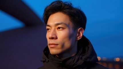 Close-up portrait of a young asian man. he is wearing a black jacket with a hood and appears to be outdoors at night.