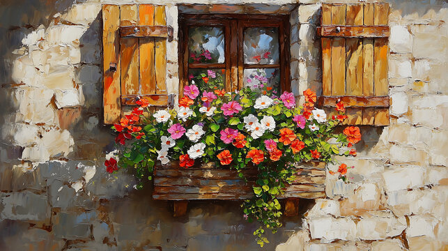 Oil painting of a rustic Mediterranean stone wall with an old wooden window, a flower box filled with vibrant blooming flowers — pink bougainvillea, red and white geraniums, and orange marigolds, dram