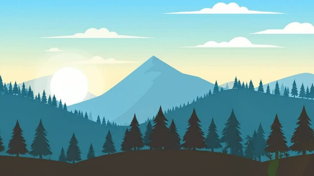 Flat vector illustration of a mountain landscape with trees clouds sun