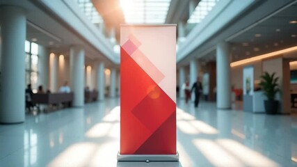 Presentation stand displays vibrant graphic design in well lit hall, creating perfect setting for advertising. Presentation stand showcases promotional material with artistic flair.