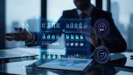 Business professional interacting with futuristic digital data interface in modern office - Powered by Adobe