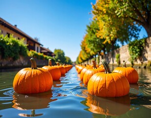 Pumpkins afloat in a canal