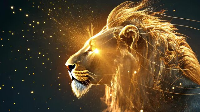 Majestic Lion's Gaze: An image that depicts a regal lion with glowing eyes and a golden mane, radiating strength and power, capturing the untamed essence of the animal kingdom.