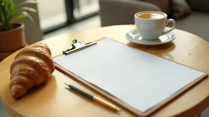 Workspace on table showcases blank clipboard with croissant and coffee. Workspace mockup offers space for notes alongside fresh pastry and hot coffee.