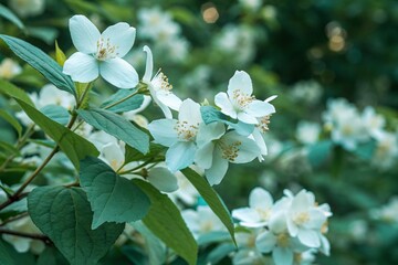 Jasmine white-turquoise  flowers. Floral spring background. Close-up. 