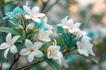 Fototapeta premium Jasmine white-turquoise flowers. Floral spring background. Close-up. 