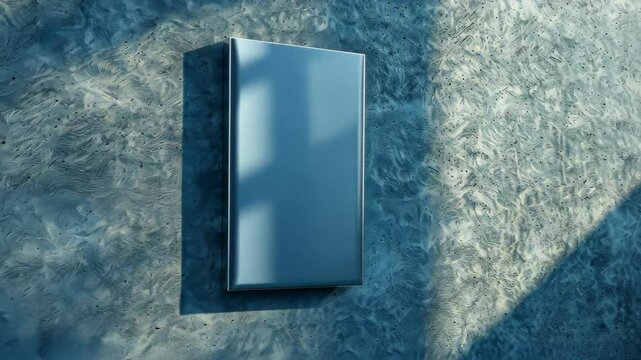 Dark Blue Mockup on Concrete Wall: A sleek, dark blue rectangle mockup elegantly displayed against a textured concrete wall, with sunlight casting subtle shadows.