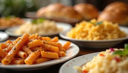 Warm comfort food selection featuring baked pasta, rolls, rice dishes on buffet table. Delicious assortment of hearty meals for dinner, catering, eatery. Close-up presentation of variety, offering