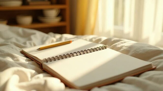 Open journal lying on soft bed in morning light with pencil. Open journal is perfect for notes, diary entries, creative writing or planning. Capture moment with open journal,