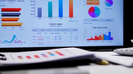 Analyzing Business Data Charts on Computer Screen with Financial Graphs and Reports - Powered by Adobe