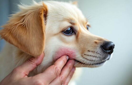 Close-up of dog face with red irritated skin on cheek, suggesting dermatitis allergic reaction. Hand gently touches inflamed area, indicating care examination of pet skin problem. Focus on canine - Powered by Adobe