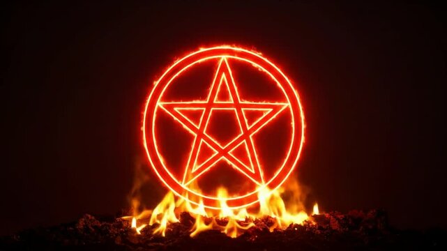 Glowing red pentagram encircled on fire atop glowing embers
