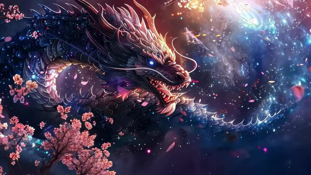 Celestial Dragon Amidst Blossoms: A majestic, awe-inspiring dragon soars through a vibrant cosmic tapestry of swirling nebulae and cherry blossoms. Capturing mythical, fantasy, and ethereal themes.