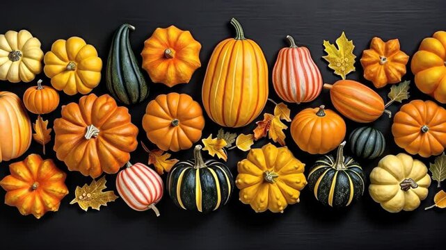 Autumn's Bounty: An eye-level arrangement of diverse pumpkins and autumnal leaves showcases the warm hues and textures of the harvest season.
