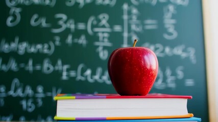 Red apple resting on closed textbook in front of chalkboard filled with mathematical equations - Powered by Adobe