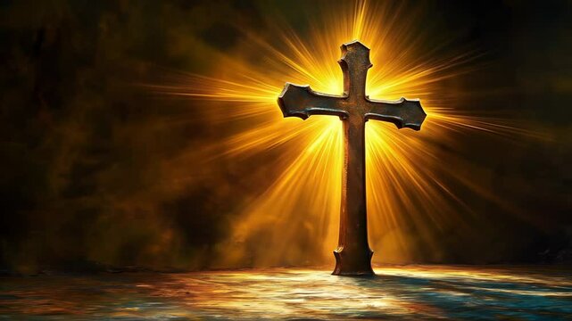 Radiant Christian cross stands prominently against a deep, dark backdrop, with brilliant golden rays of light emanating from behind. Hope, unwavering faith, and the profound sacrifice of Jesus Christ