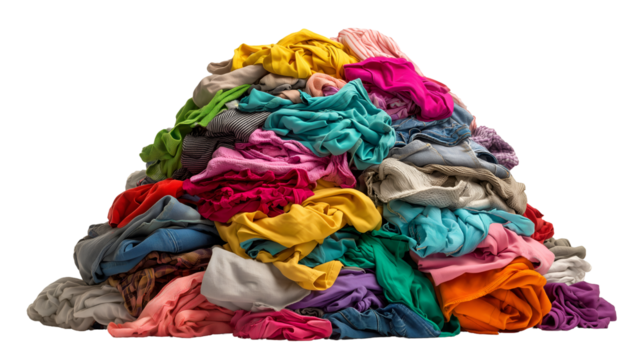 A colorful pile of assorted clothing, isolated on transparent background, creates a vibrant and textured mountain of fabric