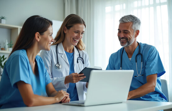 Medical team collaborates on patient treatment plan in modern office. Doctors, nurses discuss diagnosis, strategy, patient records using laptop, tablet technology. Pro healthcare staff work together