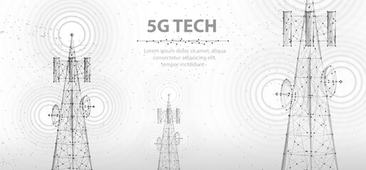 Abstract antenna mast on blue. 5G technology, telecommunication industry