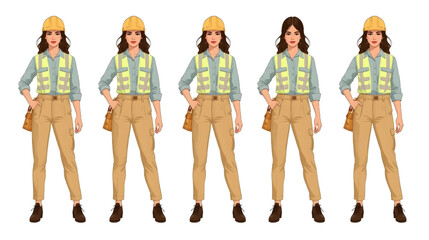 Beautiful female construction worker wearing various professional uniforms and safety equipment such as helmets, vests, and tool belts, standing confidently in different outfits. 