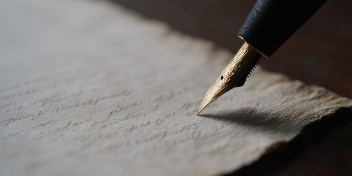 A fountain pen writes on aged, textured paper, creating a sense of nostalgia and elegance. Writing, penmanship, vintage, elegance, creativity