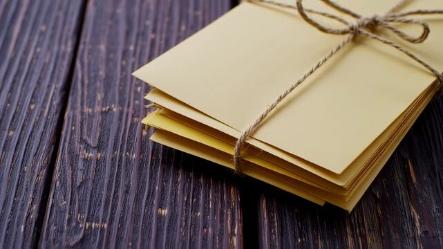Stack of Envelopes Tied with String on Wooden Surface