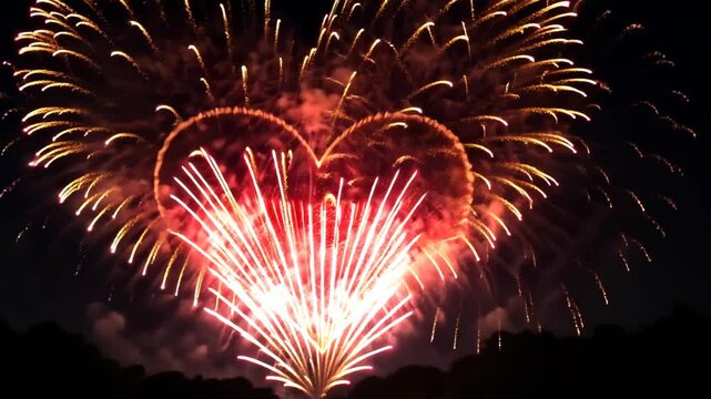 Heart Shaped Fireworks: A stunning display of fireworks at night, creating a beautiful heart shape in the sky to celebrate love and the joy of the new year.
