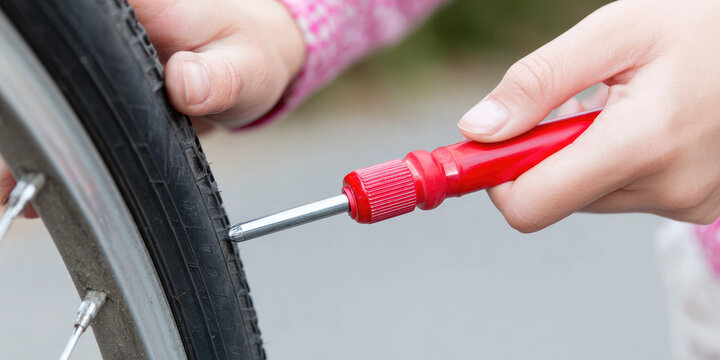 Hands using a red screwdriver to check a bicycle tire. Bicycle maintenance, repair work, tool usage - Powered by Adobe