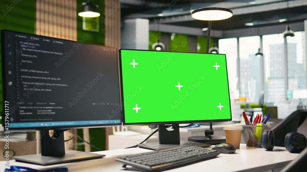 Poster Isolated screen PC on office desk showing software development programming languages written by programmers. Chroma key computer in company workplace used for code testing and quality assurance