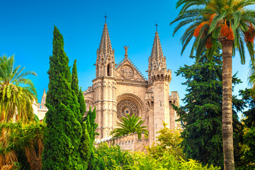 Obraz premium The Cathedral of Santa Maria of Palma and Parc del Mar near, Majorca, Spain