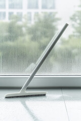 A squeegee is leaning against a window with condensation, on a wet floor. Cleaning tool, wet surface, indoor setting
