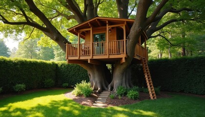 Wooden treehouse retreat nestled in lush backyard plants. Aerial perspective offers serene nature views and tranquility. Features include a rustic design, wooden ladder, and sunlit lawn.