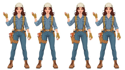 Beautiful female construction worker wearing various professional uniforms and safety equipment such as helmets, vests, and tool belts, standing confidently in different outfits. 