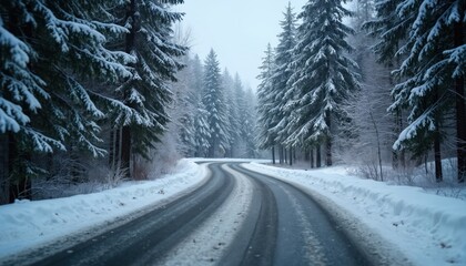 Obraz premium Winding asphalt road through snowy winter forest. Serpentine path disappears into dense woods. Tall evergreen trees line route, covered in fresh snow. Peaceful, tranquil scene of winter travel,