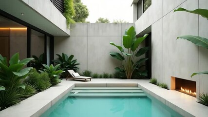 Modern swimming pool with turquoise water in a courtyard with plants and fireplace. Modern swimming pool is luxurious and invites relaxation, surrounded by lush greenery. - Powered by Adobe