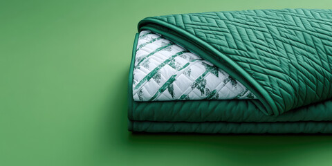 Obraz premium A folded green quilt with a checkered pattern on its edge is placed on a surface. Cozy comfort and home textile