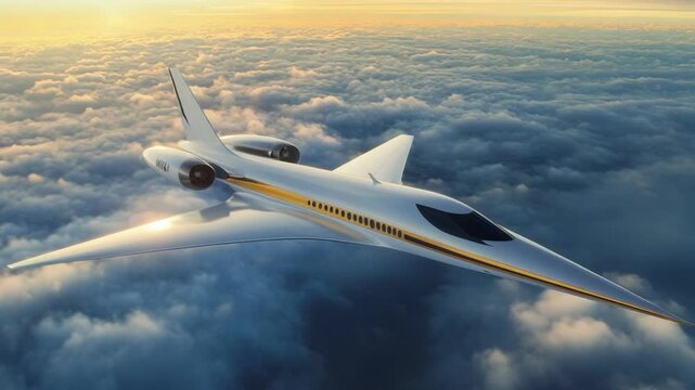 Sleek supersonic jet soars above a sea of fluffy cumulus clouds at sunset, its metallic body reflecting the golden light