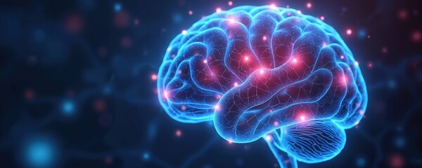 Digital illustration glowing neural network brain in blue, pink. Intricate network artificial intelligence, innovation, futuristic concepts. Connections, data flow within abstract mind design on dark