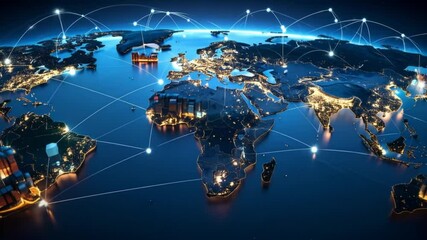 Illuminated world map with glowing connections cargo and cities at night - Powered by Adobe
