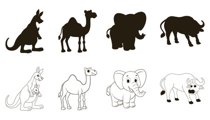 Set of cartoon animals kangaroo camel elephant and buffalo in silhouette and outline styles