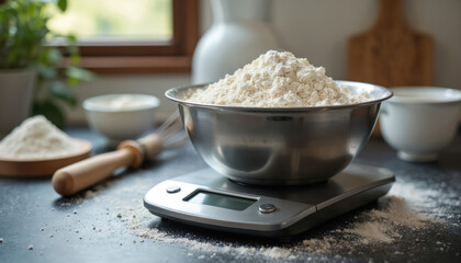 Flour piled in metal bowl sits on digital kitchen scale for precise baking preparation. Ingredients measured, cooking process begins. Domestic scene with whisk, milk, window light. Homemade food.