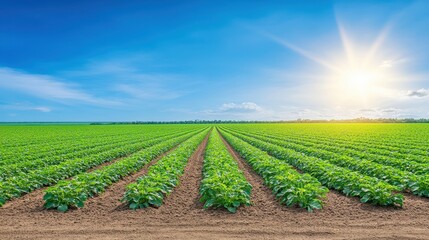 Agriculture field crop farm landscape outdoors. Rural growth of nature and sunlight on field. Outdoors panorama, summer scenery, countryside background, green environment, farming, organic crop,